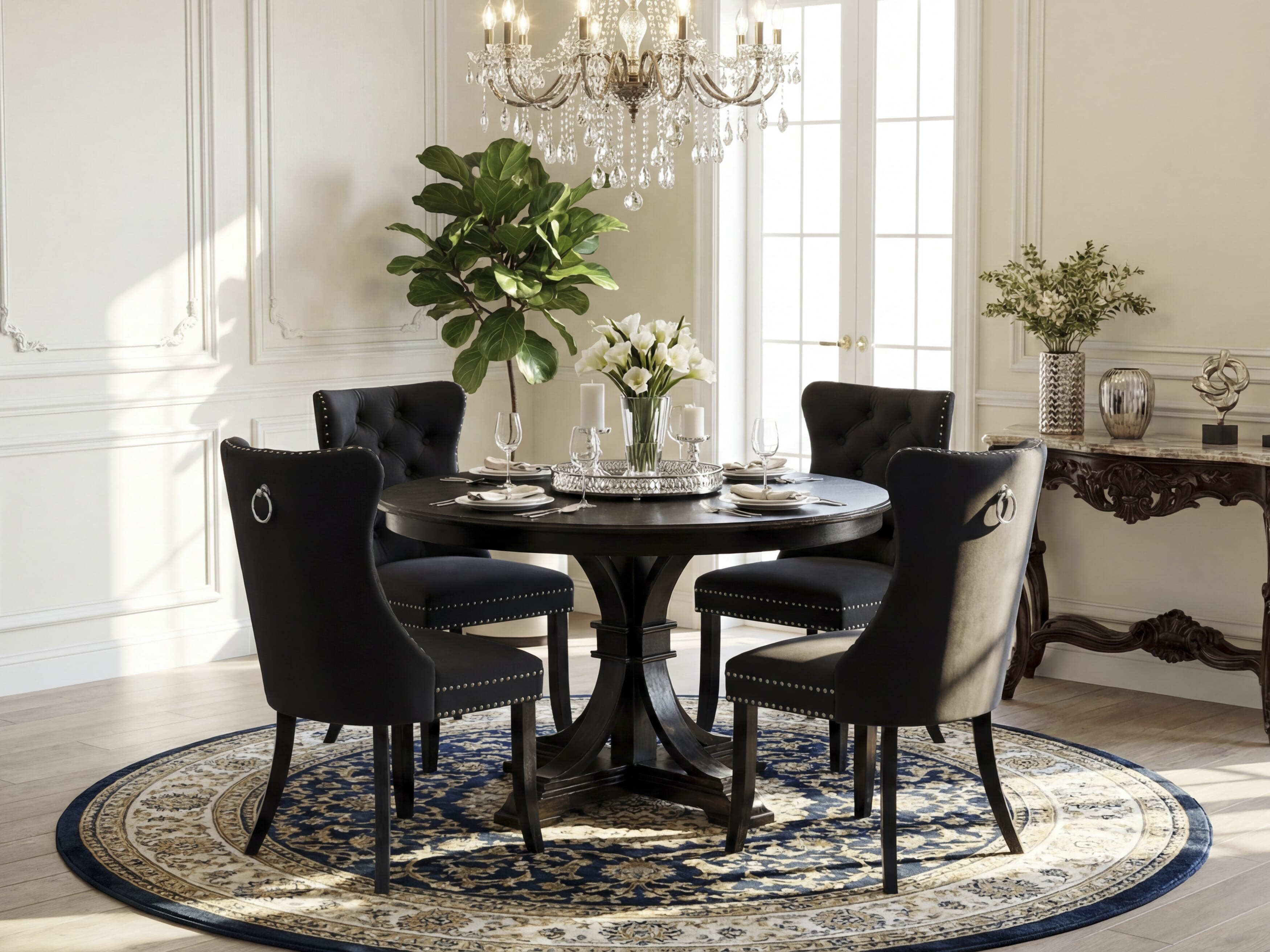 Luxe by East West Furniture F7DA5-411-12 5-Piece Dining Room Set with Faux Leather 4 Dark Gray upholstered dining chairs, Button-Tufted Backs, and a 48"Round Breakfast Table in Sand Blasted Black Finish.