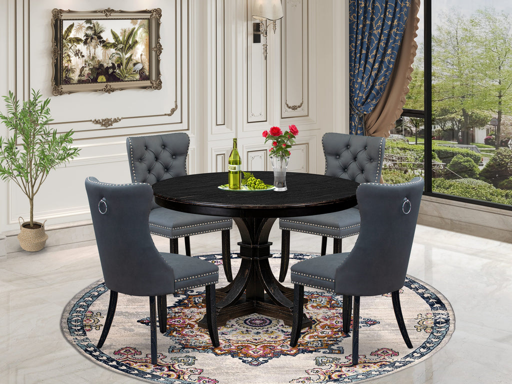 Luxe by East West Furniture F7DA5-411-13 5-piece Modern Dining Set with Faux Leather 4 Platinum Gray dining room chairs, Button-Tufted Backs, and a 48"Round Table in Sand Blasted Black Finish.
