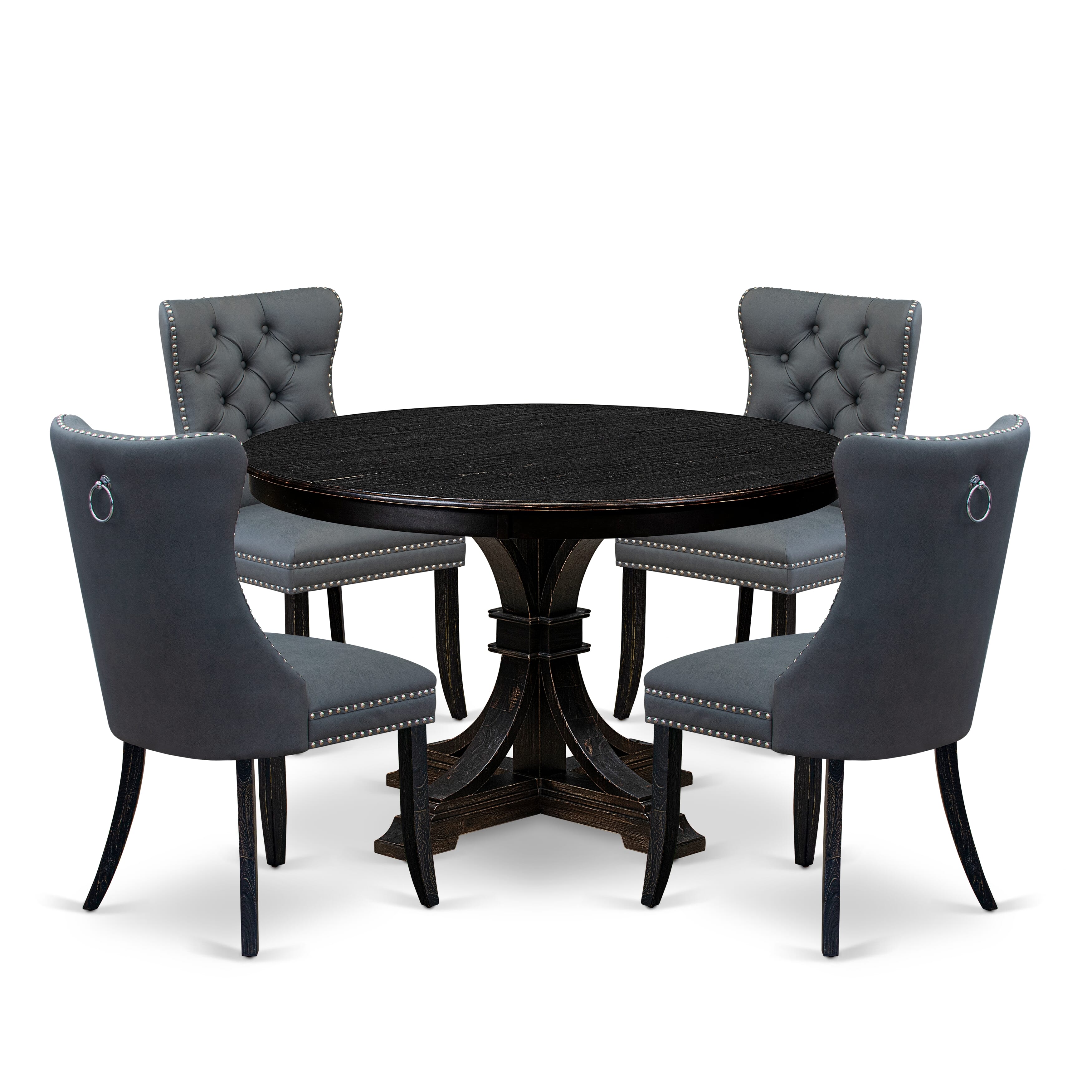 Luxe by East West Furniture F7DA5-411-13 5-piece Modern Dining Set with Faux Leather 4 Platinum Gray dining room chairs, Button-Tufted Backs, and a 48"Round Table in Sand Blasted Black Finish.