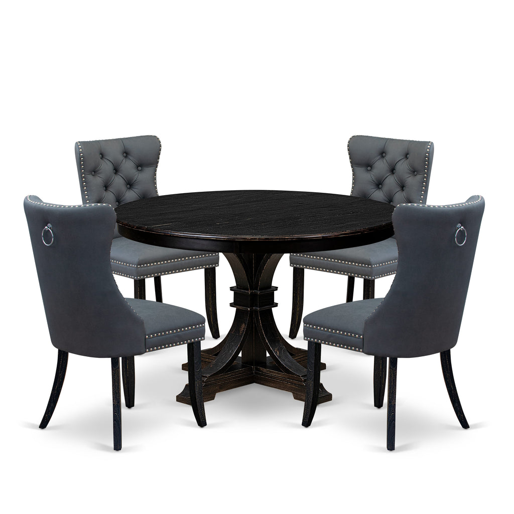 Luxe by East West Furniture F7DA5-411-13 5-piece Modern Dining Set with Faux Leather 4 Platinum Gray dining room chairs, Button-Tufted Backs, and a 48"Round Table in Sand Blasted Black Finish.