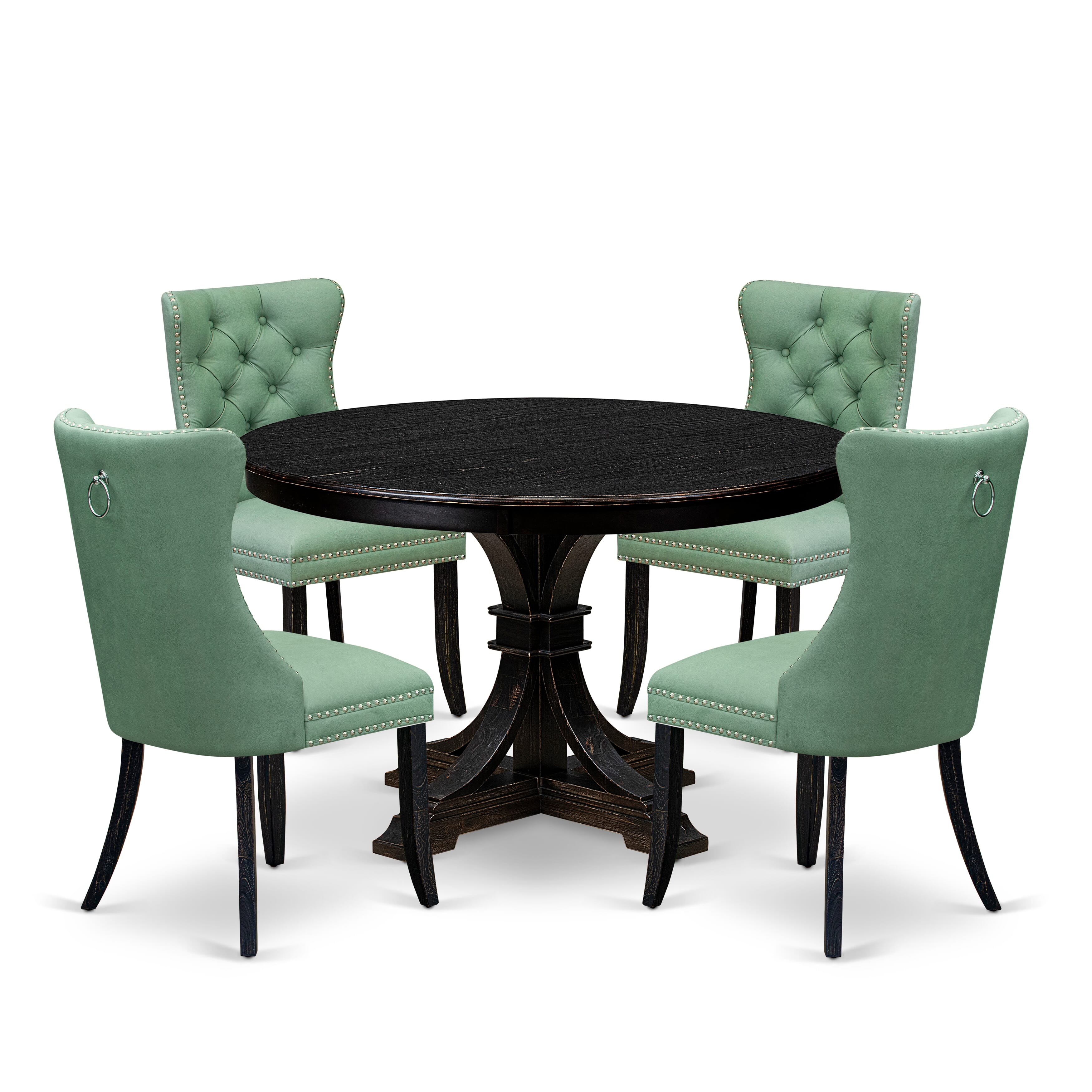Luxe by East West Furniture F7DA5-411-22 5 Piece Dining Set Contains a 48" Round Table with Pedestal and 4 Willow Green Faux Leather Upholstered Chairs, Sand Blasted Black