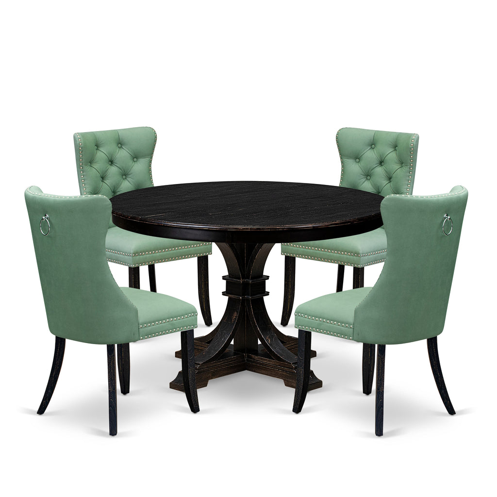 Luxe by East West Furniture F7DA5-411-22 5 Piece Dining Set Contains a 48" Round Table with Pedestal and 4 Willow Green Faux Leather Upholstered Chairs, Sand Blasted Black
