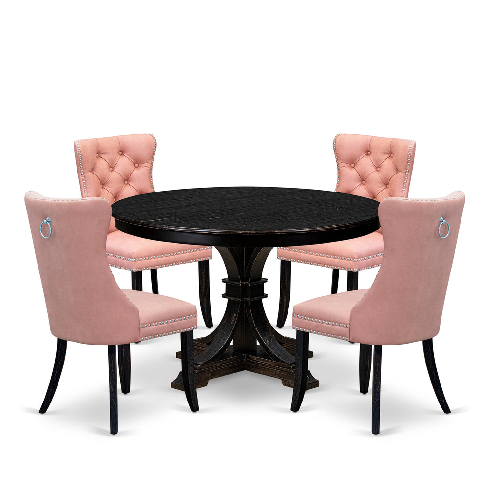Luxe by East West Furniture F7DA5-411-23 5 Piece Dining Set for 4 Includes a 48" Round Table with Pedestal and 4 Beige Red Faux Leather Upholstered Chairs, Sand Blasted Black