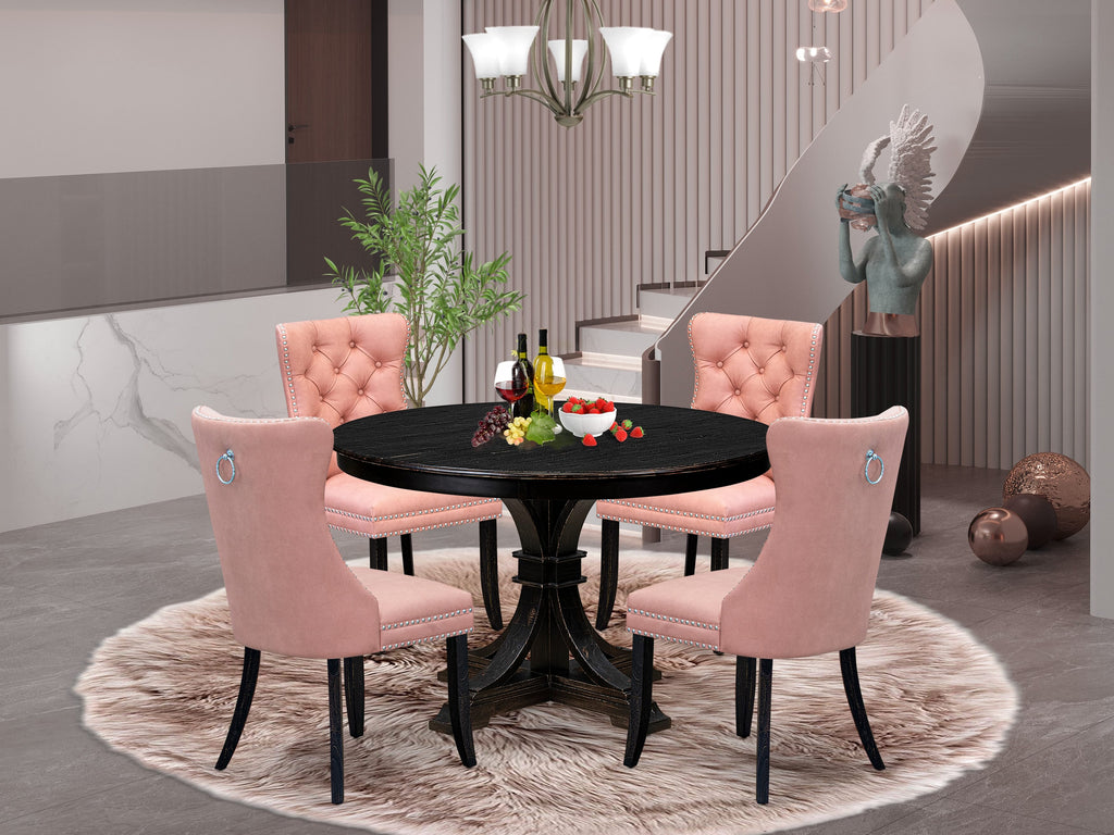 Luxe by East West Furniture F7DA5-411-23 5 Piece Dining Set for 4 Includes a 48" Round Table with Pedestal and 4 Beige Red Faux Leather Upholstered Chairs, Sand Blasted Black