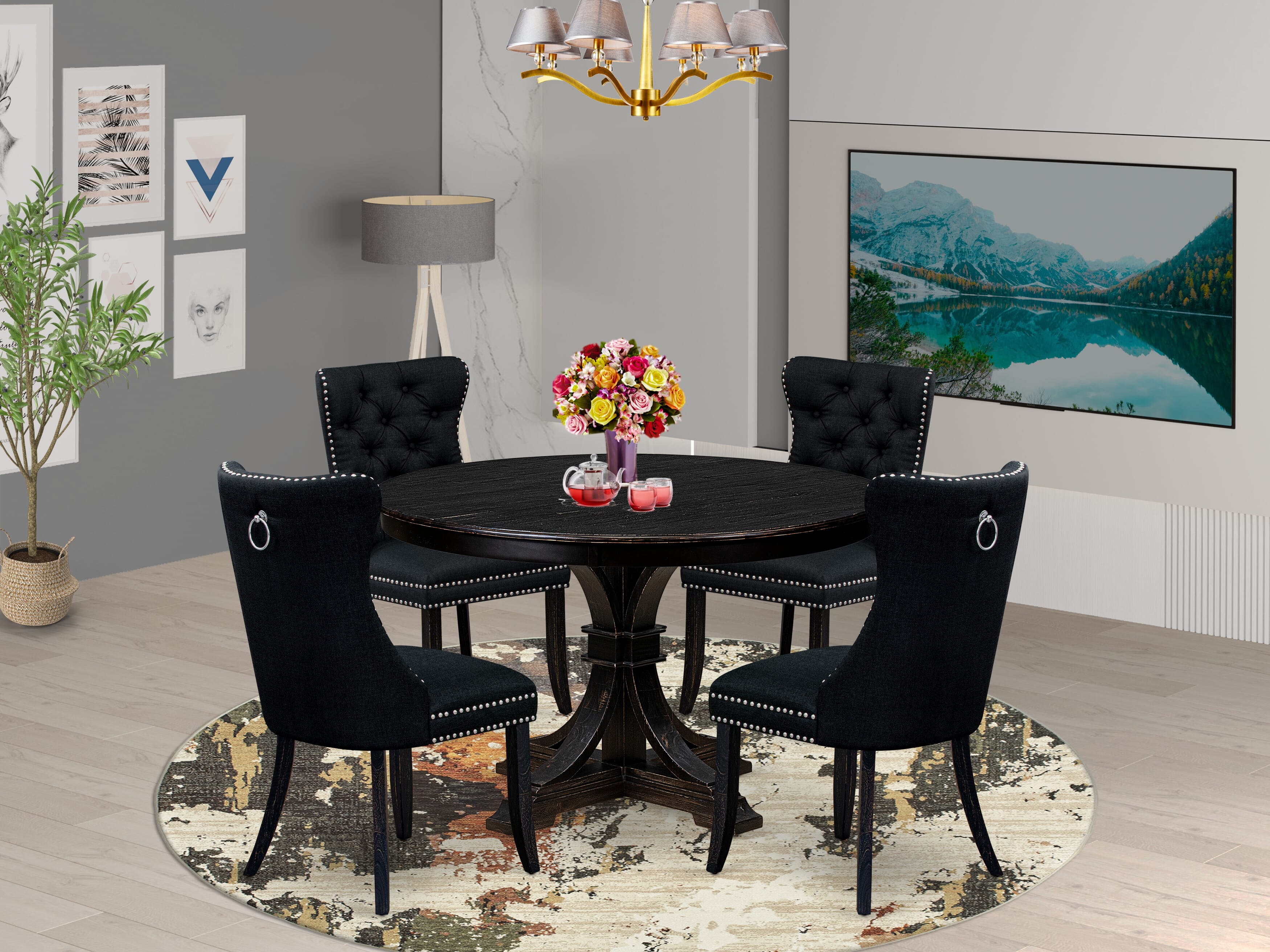 Luxe by East West Furniture F7DA5-411-24 5 Piece Dining Room Set for 4 Contains a 48" Round Table with Pedestal and 4 Black Linen Fabric Parson Chairs, Sand Blasted Black