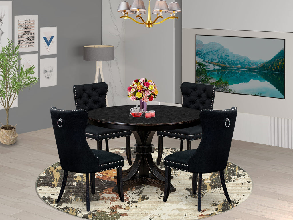 Luxe by East West Furniture F7DA5-411-24 5 Piece Dining Room Set for 4 Contains a 48" Round Table with Pedestal and 4 Black Linen Fabric Parson Chairs, Sand Blasted Black
