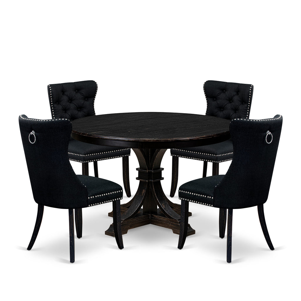 Luxe by East West Furniture F7DA5-411-24 5 Piece Dining Room Set for 4 Contains a 48" Round Table with Pedestal and 4 Black Linen Fabric Parson Chairs, Sand Blasted Black