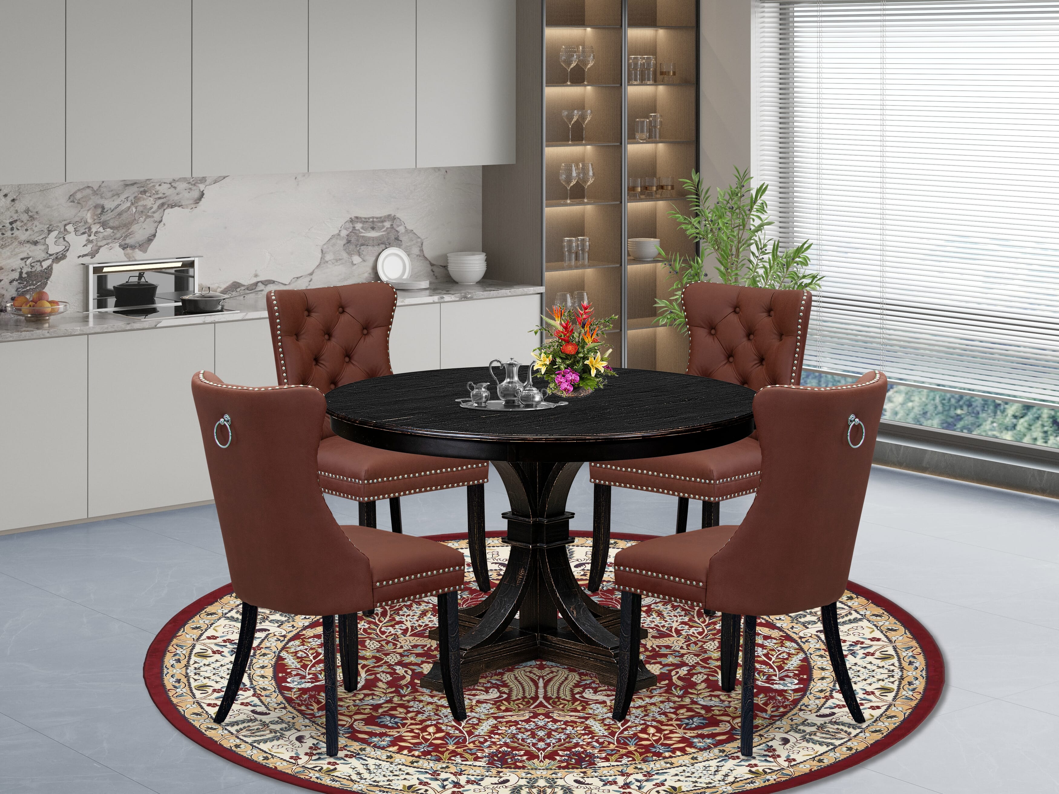Luxe by East West Furniture F7DA5-411-26 5 Piece Dining Table Set Includes a 48" Round Table with Pedestal and 4 Burgundy Faux Leather Upholstered Chairs, Sand Blasted Black