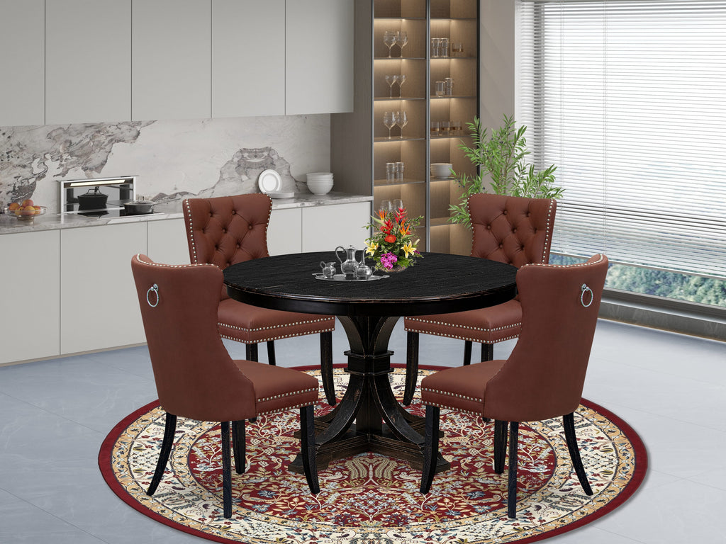 Luxe by East West Furniture F7DA5-411-26 5 Piece Dining Table Set Includes a 48" Round Table with Pedestal and 4 Burgandy Faux Leather Upholstered Chairs, Sand Blasted Black