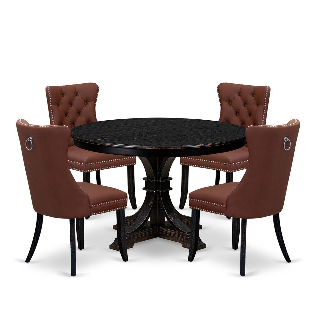 Luxe by East West Furniture F7DA5-411-26 5 Piece Dining Table Set Includes a 48" Round Table with Pedestal and 4 Burgandy Faux Leather Upholstered Chairs, Sand Blasted Black
