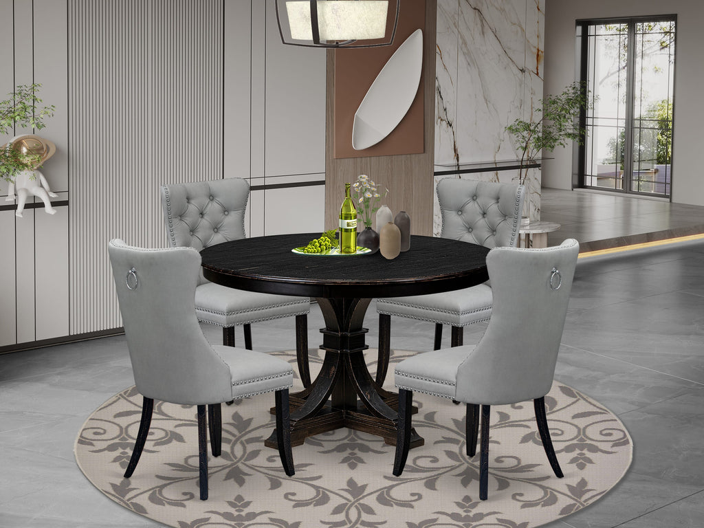 Luxe by East West Furniture F7DA5-411-27 5 Piece Dining Table Set Includes a 48" Round Table with Pedestal and 4 Light Gray Faux Leather Parson Chairs, Sand Blasted Black