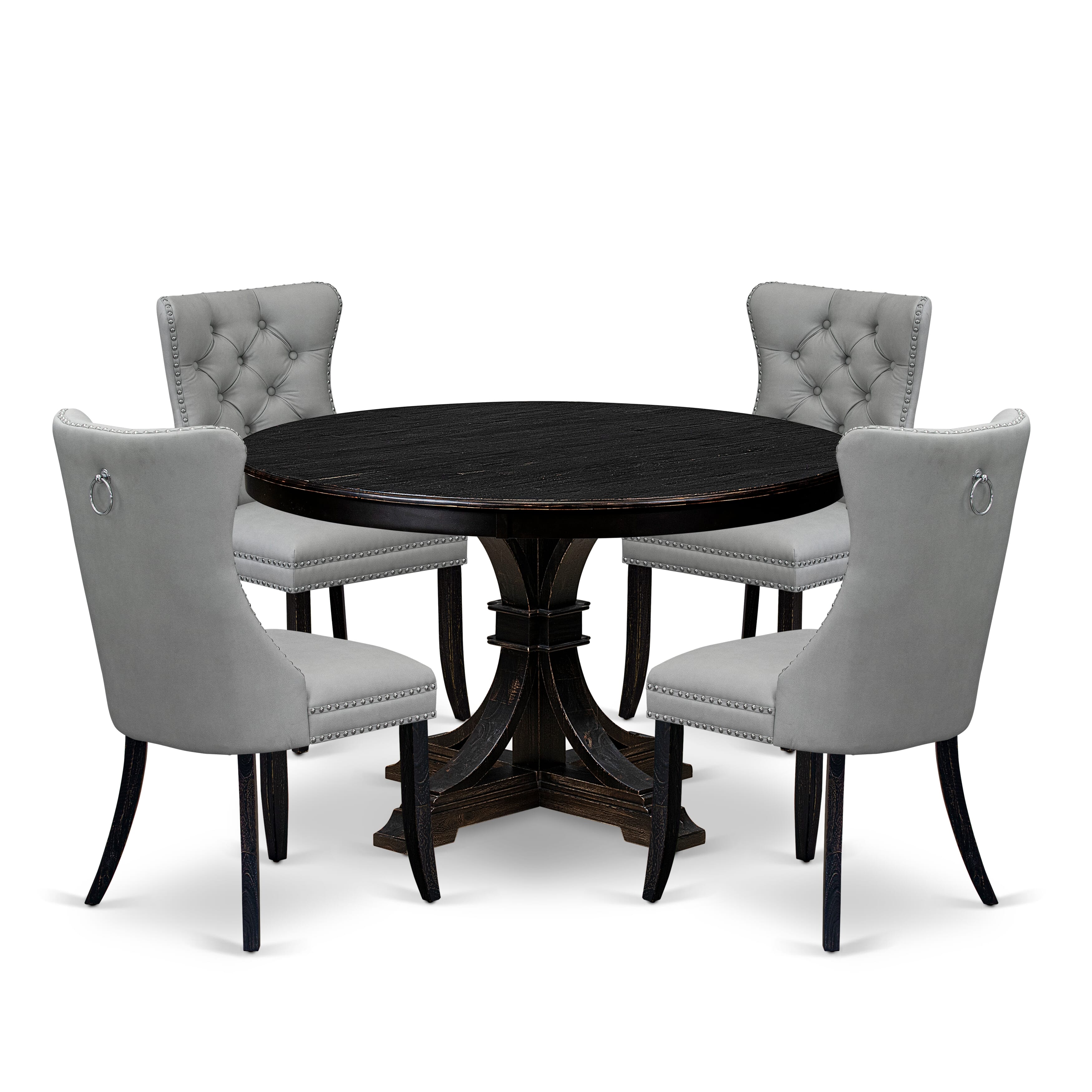 Luxe by East West Furniture F7DA5-411-27 5 Piece Dining Table Set Includes a 48" Round Table with Pedestal and 4 Light Gray Faux Leather Parson Chairs, Sand Blasted Black