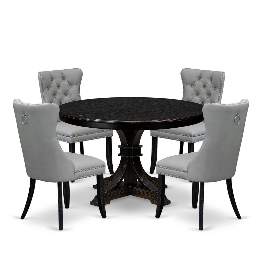 Luxe by East West Furniture F7DA5-411-27 5 Piece Dining Table Set Includes a 48" Round Table with Pedestal and 4 Light Gray Faux Leather Parson Chairs, Sand Blasted Black