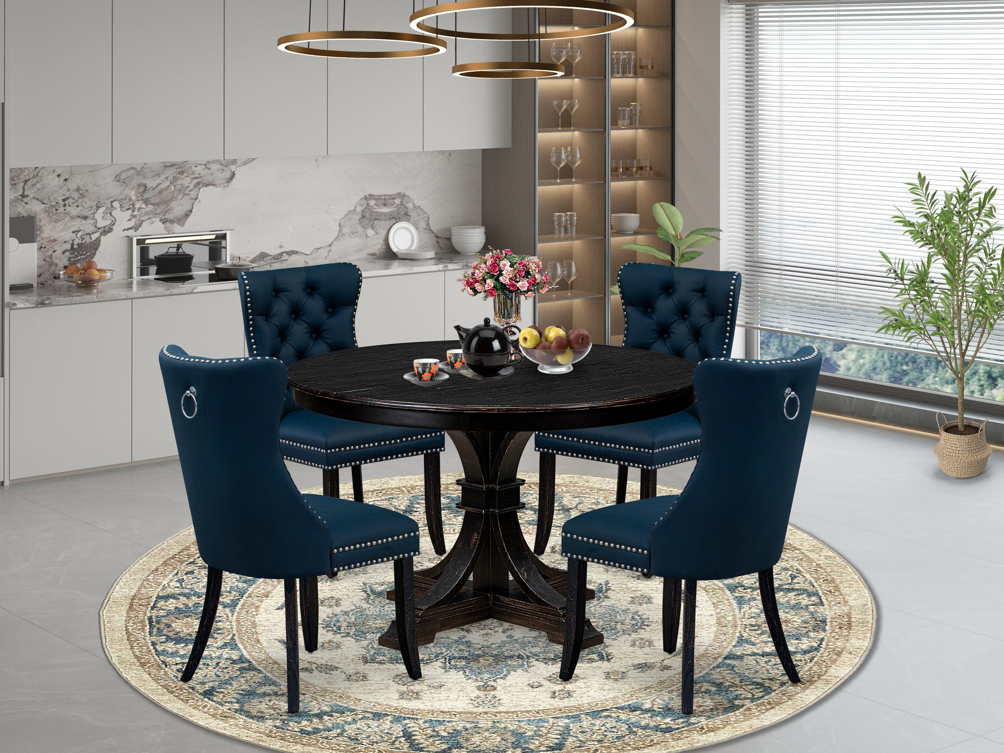 Luxe by East West Furniture F7DA5-411-29 5 Piece Dining Table Set Contains a 48" Round Table with Pedestal and 4 Navy Blue Faux Leather Upholstered Chairs, Sand Blasted Black