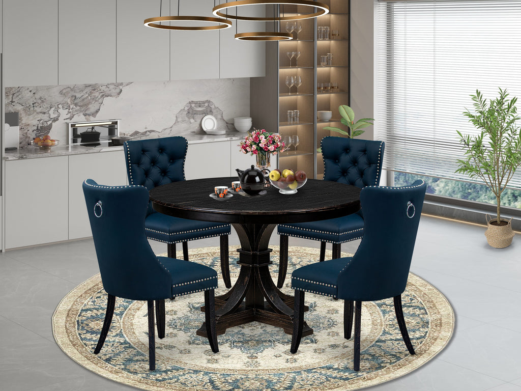 Luxe by East West Furniture F7DA5-411-29 5 Piece Dining Table Set Contains a 48" Round Table with Pedestal and 4 Navy Blue Faux Leather Upholstered Chairs, Sand Blasted Black