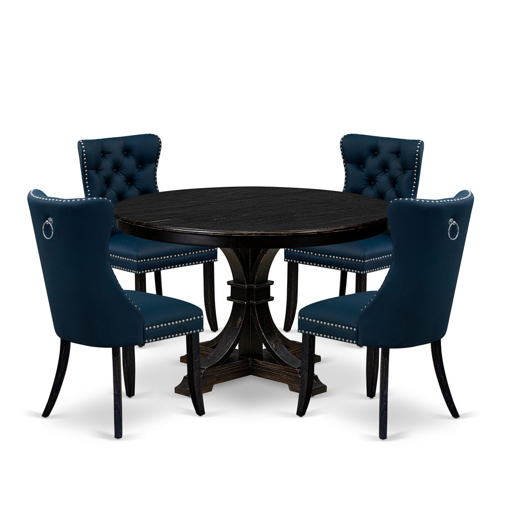 Luxe by East West Furniture F7DA5-411-29 5 Piece Dining Table Set Contains a 48" Round Table with Pedestal and 4 Navy Blue Faux Leather Upholstered Chairs, Sand Blasted Black