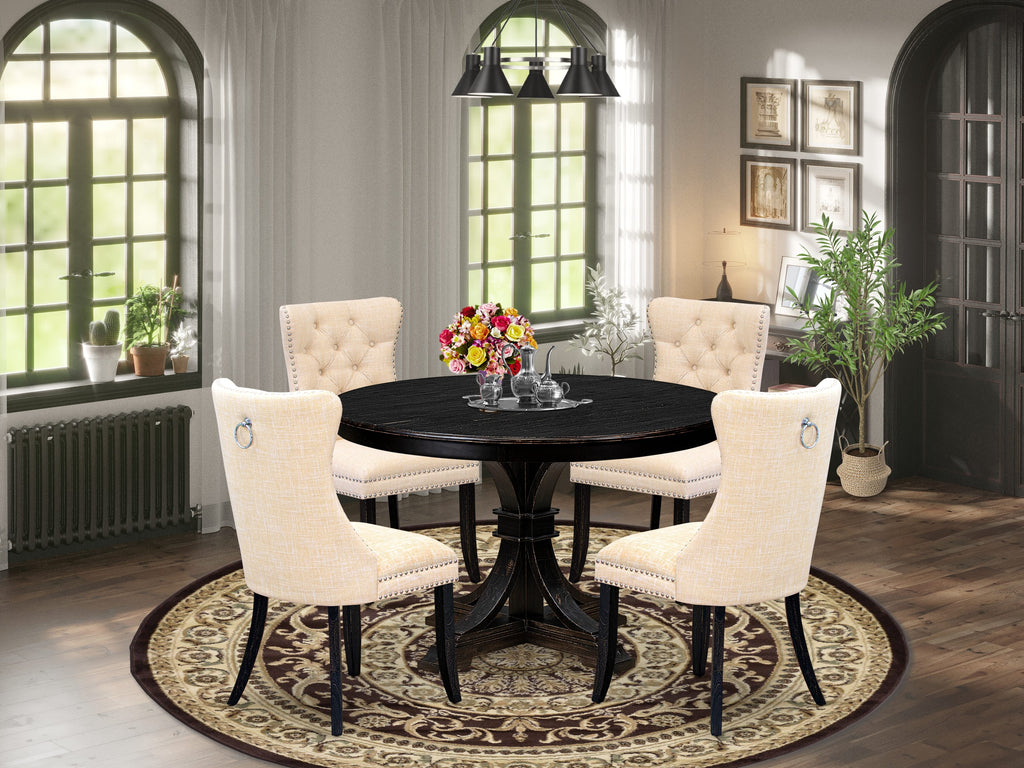 Luxe by East West Furniture F7DA5-411-32 5-piece Kitchen Set consists of a wood table and 4 Light Beige Linen Fabric dining chair with Button Tufted Back - Sand Blasted Black
