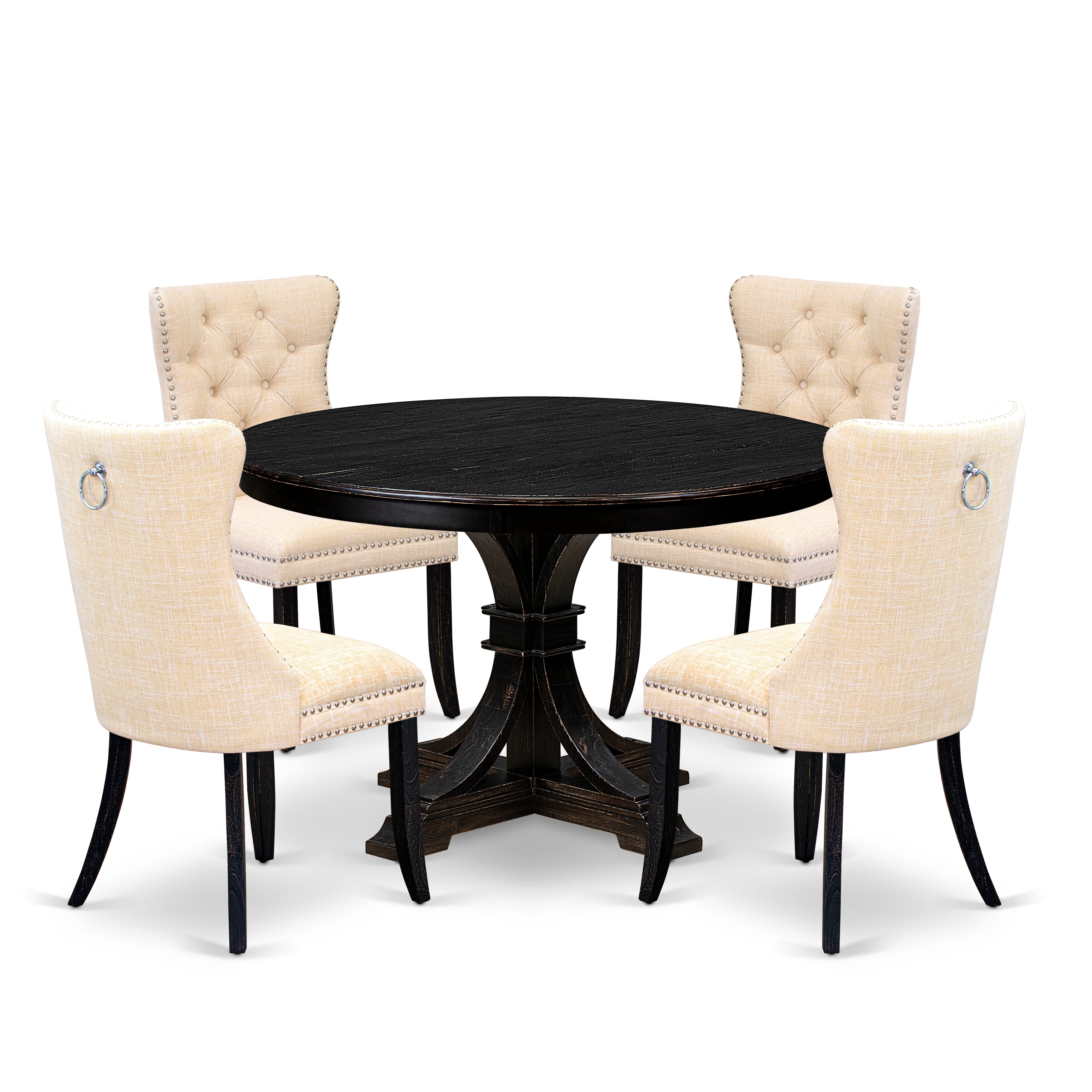 Luxe by East West Furniture F7DA5-411-32 5-piece Kitchen Set consists of a wood table and 4 Light Beige Linen Fabric dining chair with Button Tufted Back - Sand Blasted Black
