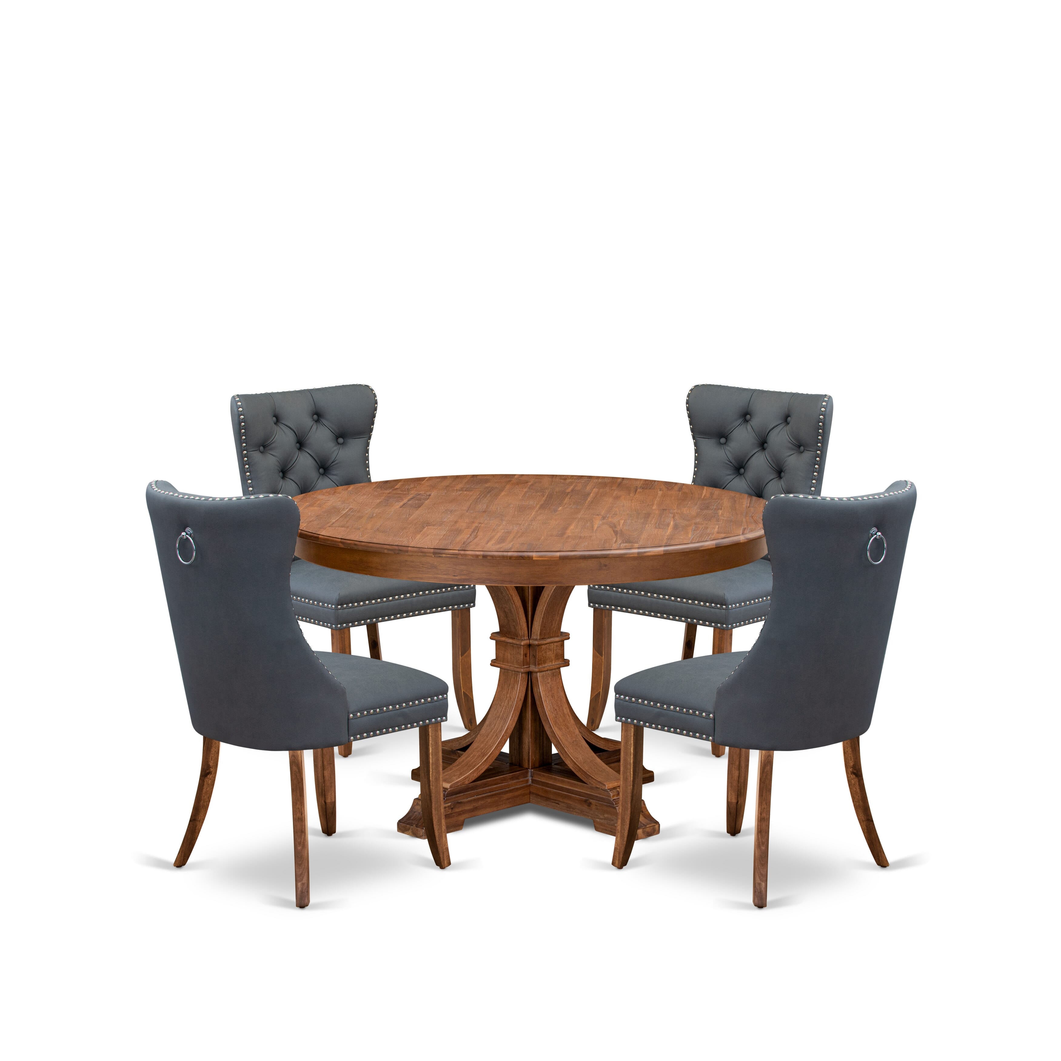 Luxe by East West Furniture F7DA5-50N-13 5-piece Modern Dining table set consists of a Kitchen Table and 4 Platinum Gray Faux Leather Dining Room Chairs with Button Tufted Back - Antique Walnut Finish