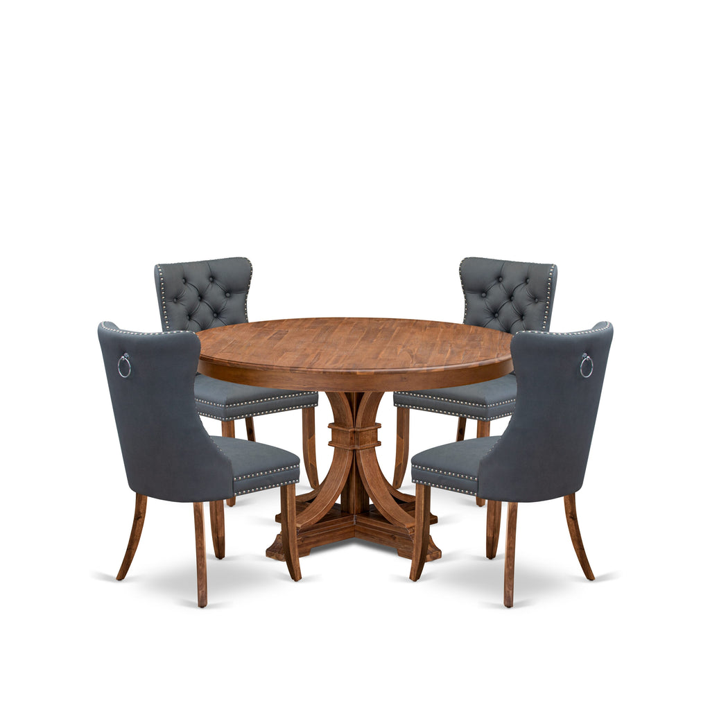 Luxe by East West Furniture F7DA5-50N-13 5-piece Modern Dining table set consists of a Kitchen Table and 4 Platinum Gray Faux Leather Dining Room Chairs with Button Tufted Back - Antique Walnut Finish