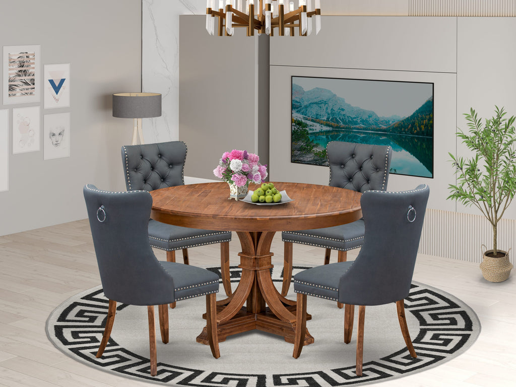 Luxe by East West Furniture F7DA5-50N-13 5-piece Modern Dining table set consists of a Kitchen Table and 4 Platinum Gray Faux Leather Dining Room Chairs with Button Tufted Back - Antique Walnut Finish