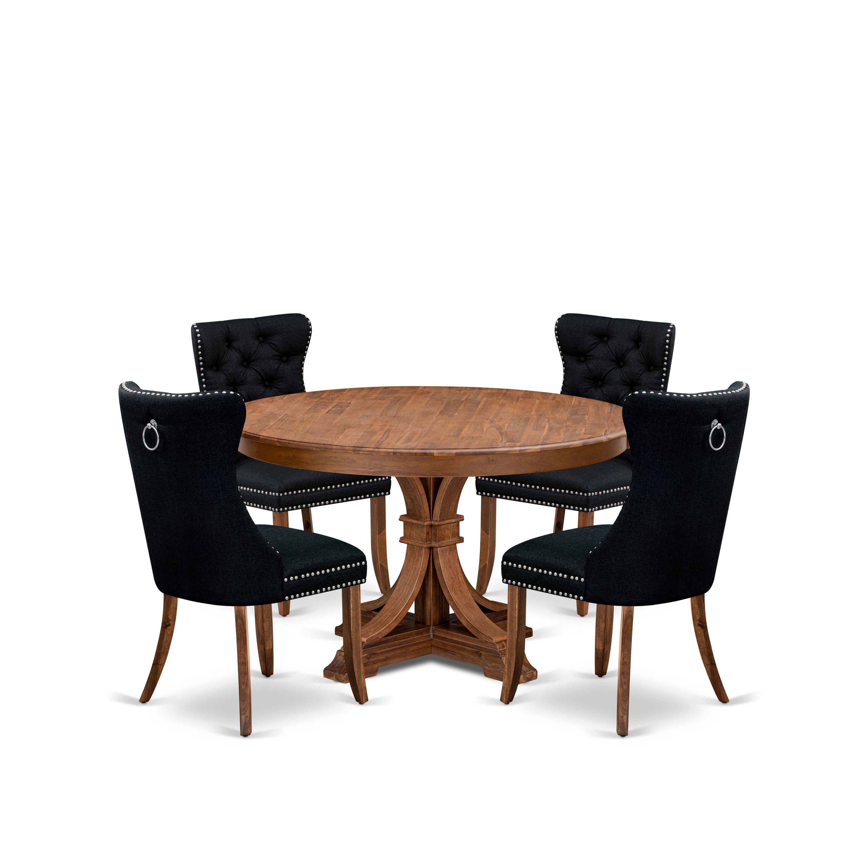Luxe by East West Furniture F7DA5-50N-24 5-Piece Modern Dining Table Set with Linen Fabric 4 Black kitchen chairs, Button-Tufted Backs, and a 54"Round Table in Antique Walnut Finish.