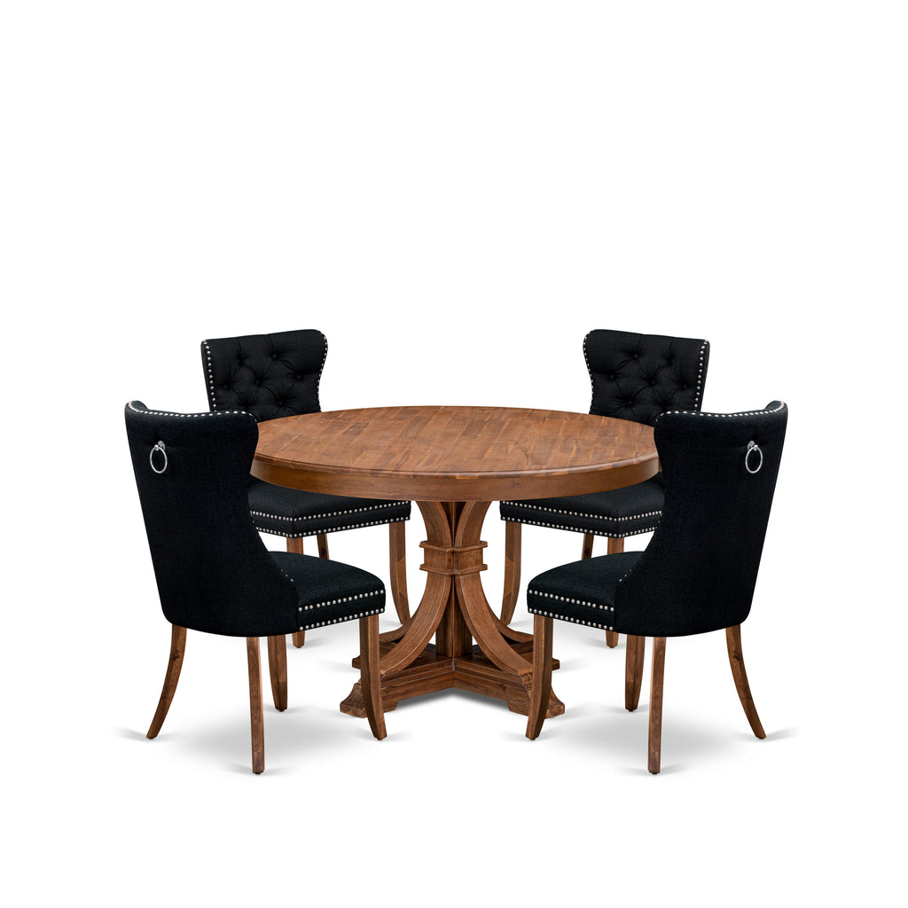 Luxe by East West Furniture F7DA5-50N-24 5-Piece Modern Dining Table Set with Linen Fabric 4 Black kitchen chairs, Button-Tufted Backs, and a 54"Round Table in Antique Walnut Finish.