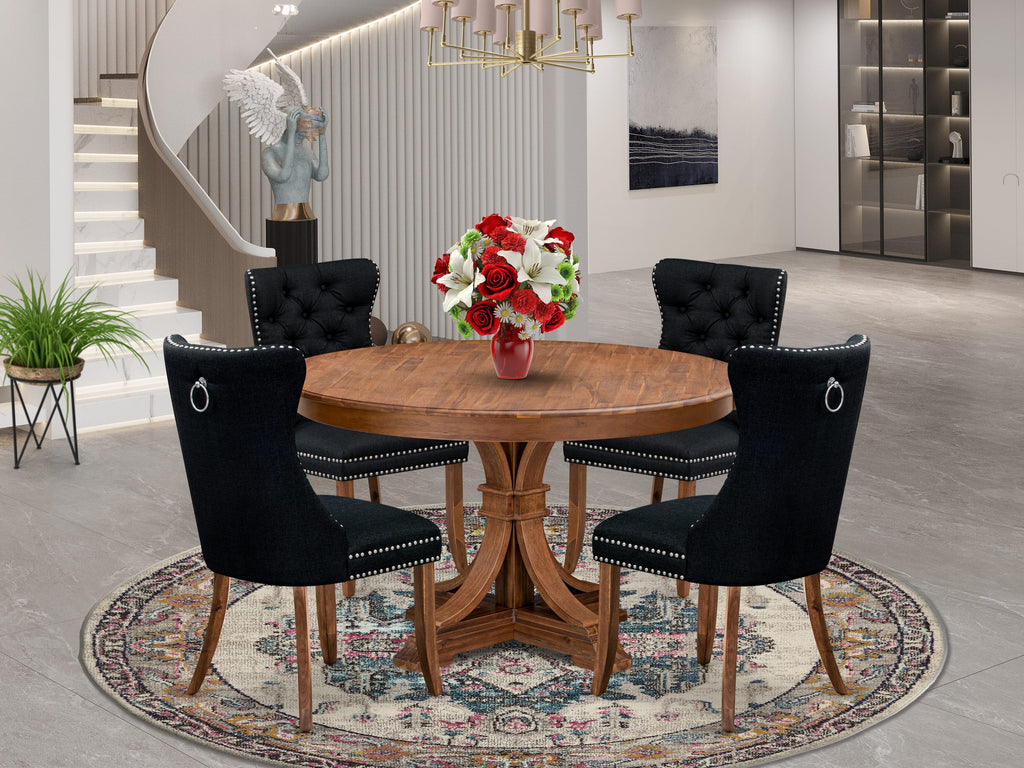 Luxe by East West Furniture F7DA5-50N-24 5-Piece Modern Dining Table Set with Linen Fabric 4 Black kitchen chairs, Button-Tufted Backs, and a 54"Round Table in Antique Walnut Finish.