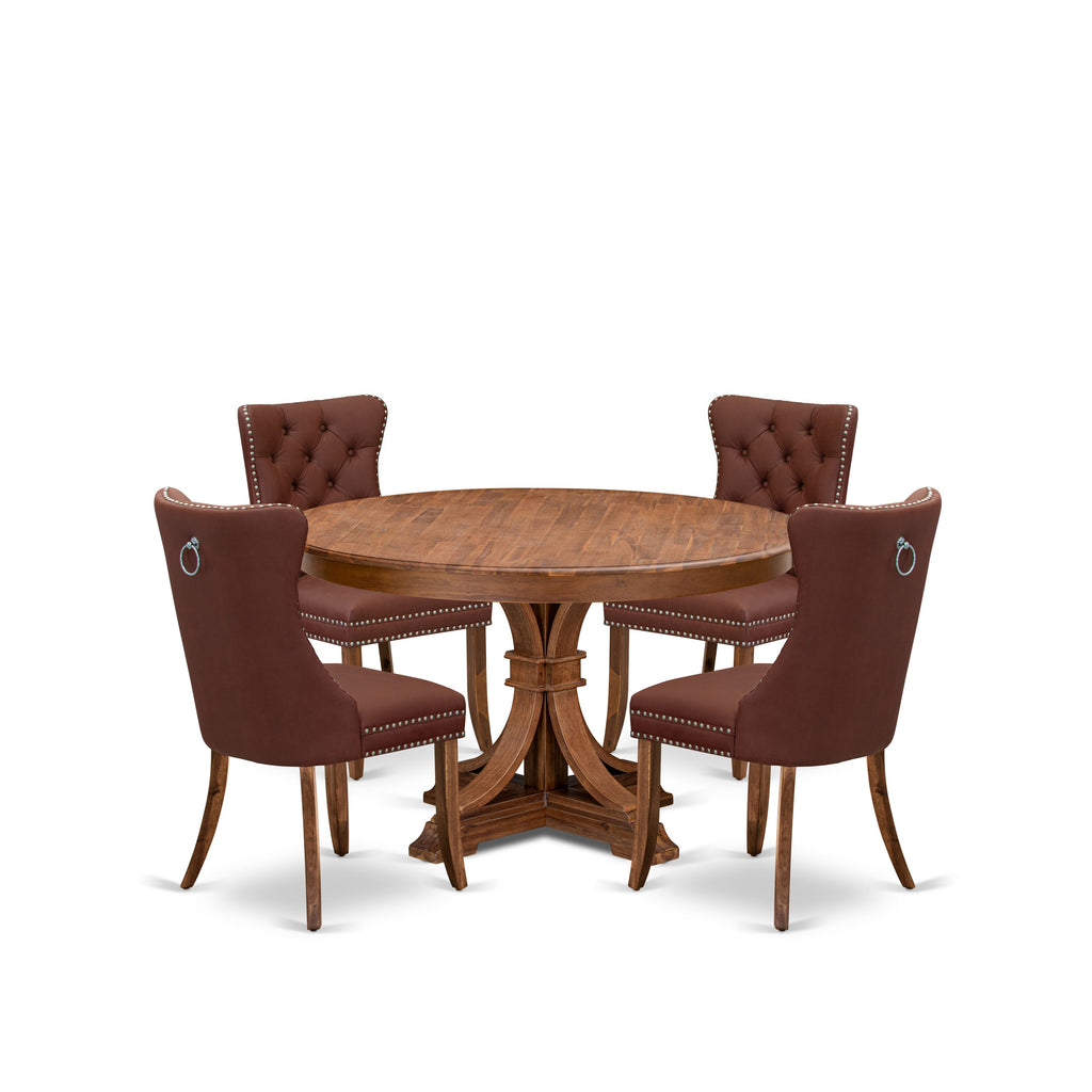 Luxe by East West Furniture F7DA5-50N-26 5-Pc Mid Century Modern Set Consist a Table and 4 Burgundy Faux Leather Upholstered Chairs with Button-Tufted Back, Antique Walnut