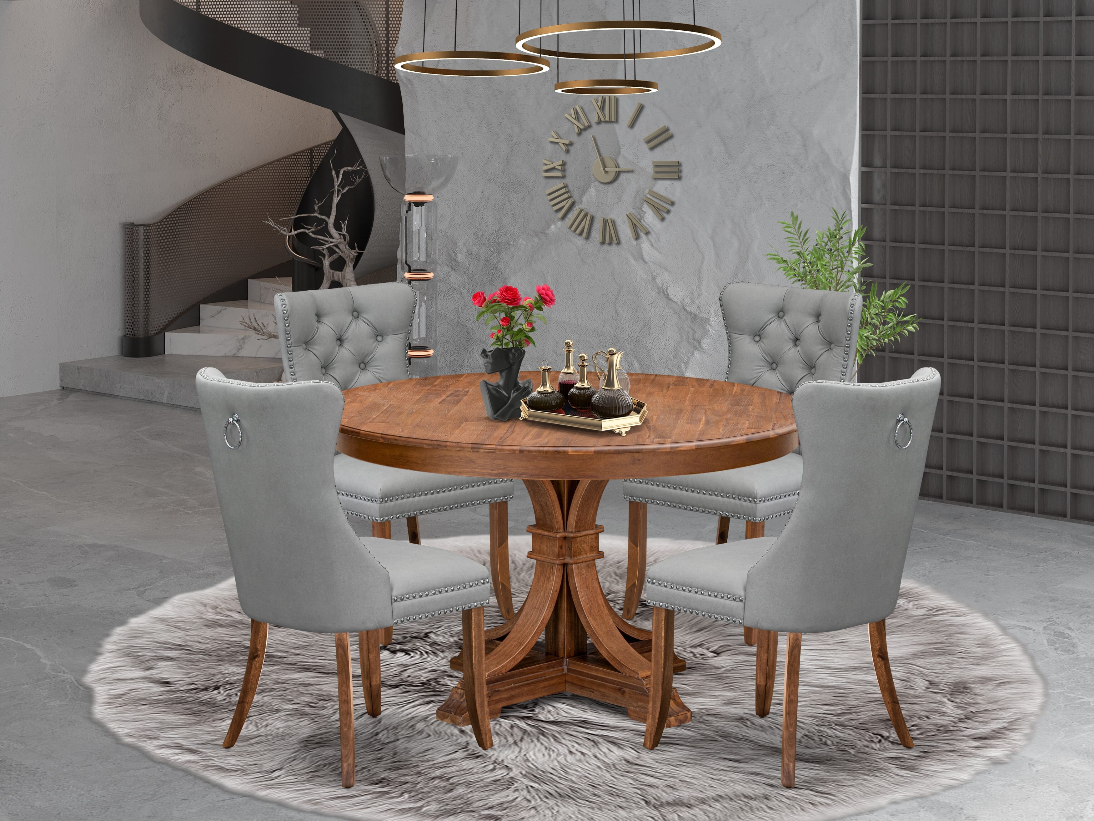 Luxe by East West Furniture F7DA5-50N-27 5-Pc Dinner Table Set Consist a Kitchen Table and 4 Light Gray Faux Leather Parson Chairs with Button-Tufted Back, Antique Walnut
