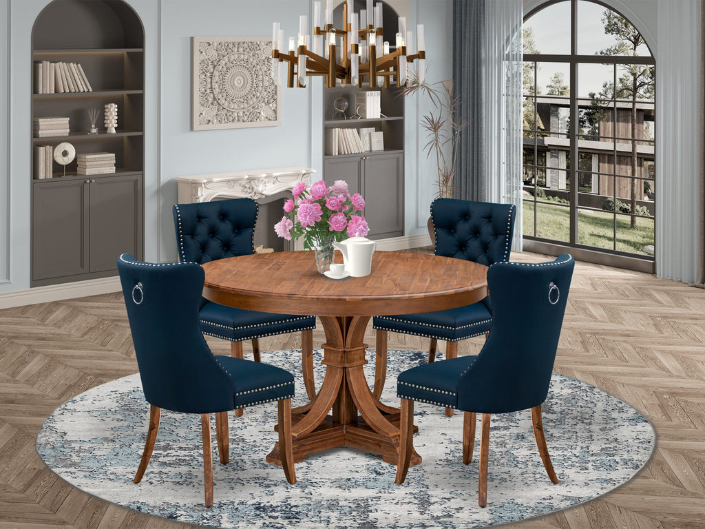 Luxe by East West Furniture F7DA5-50N-29 5-Pc Dining Set Consist a Kitchen Table and 4 Navy Blue Faux Leather Upholstered Dining Chairs with Button-Tufted Back, Antique Walnut