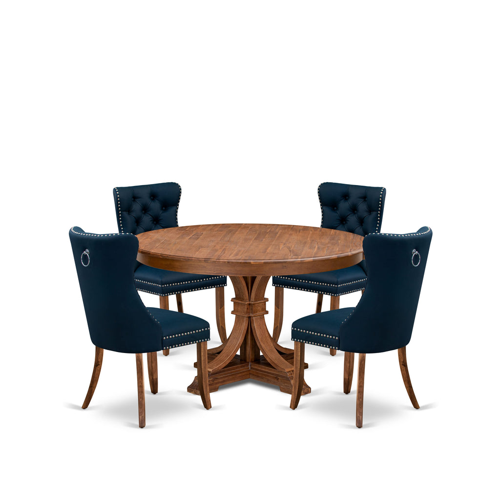 Luxe by East West Furniture F7DA5-50N-29 5-Pc Dining Set Consist a Kitchen Table and 4 Navy Blue Faux Leather Upholstered Dining Chairs with Button-Tufted Back, Antique Walnut