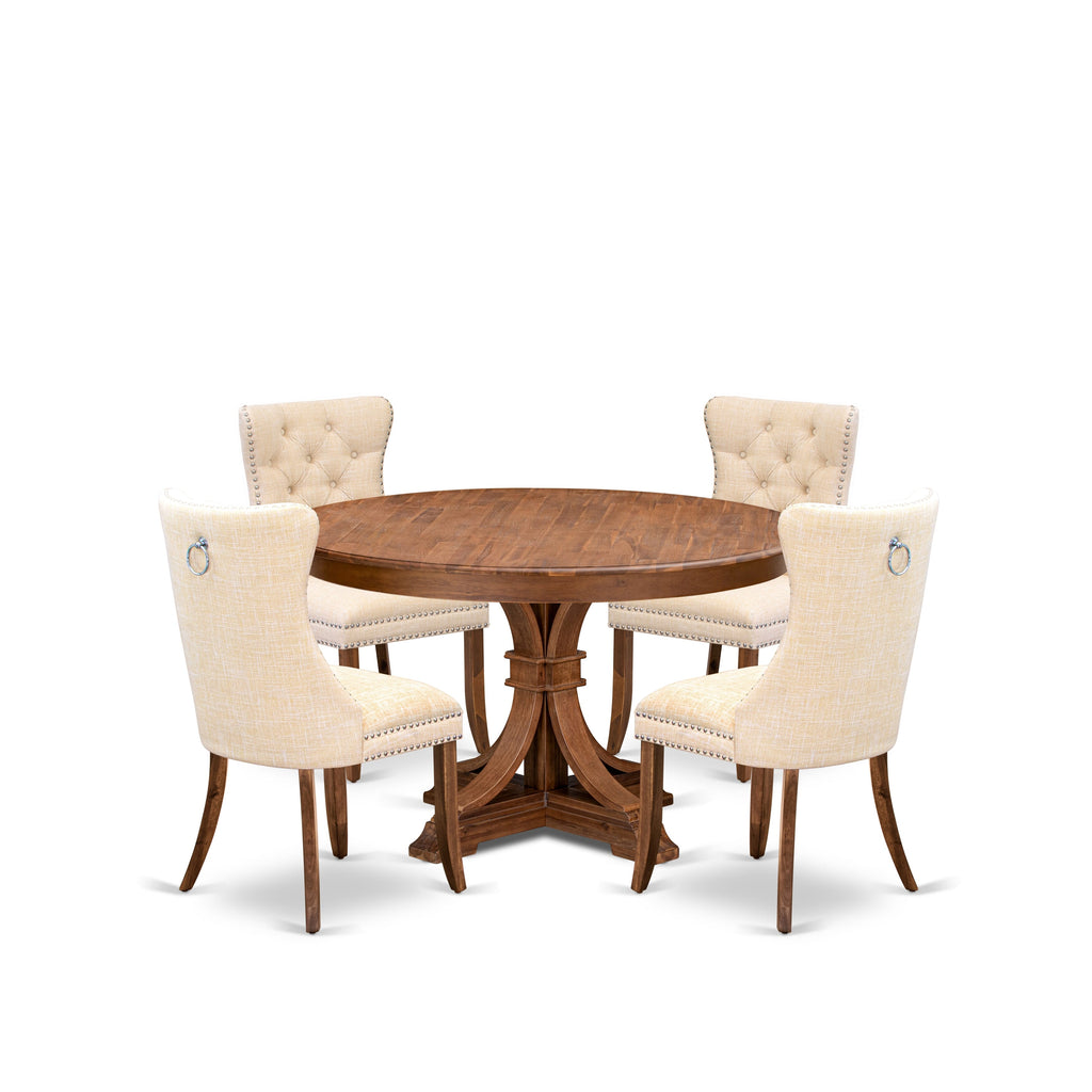Luxe by East West Furniture F7DA5-50N-32 5-Piece Mid Century Kitchen Set with Linen Fabric 4 Light Beige Dining chairs, Button-Tufted Backs, and a 54"Round Table in Antique Walnut Finish.