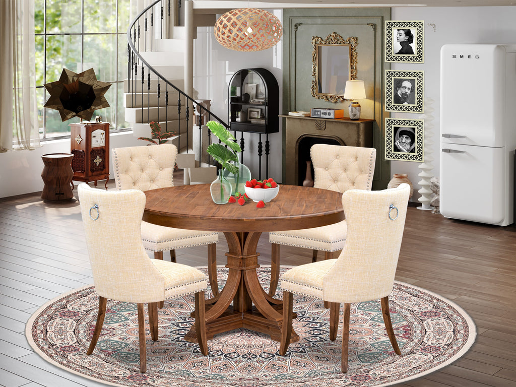 Luxe by East West Furniture F7DA5-50N-32 5-Piece Mid Century Kitchen Set with Linen Fabric 4 Light Beige Dining chairs, Button-Tufted Backs, and a 54"Round Table in Antique Walnut Finish.