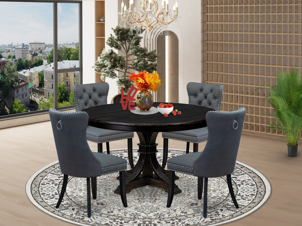 Luxe by East West Furniture F7DA5-511-13 5-Piece Dining Room Set with Faux Leather 4 Platinum Gray modern kitchen chairs, Button-Tufted Backs, and a 54"Round Breakfast Table in Sand Blasted Black Finish.
