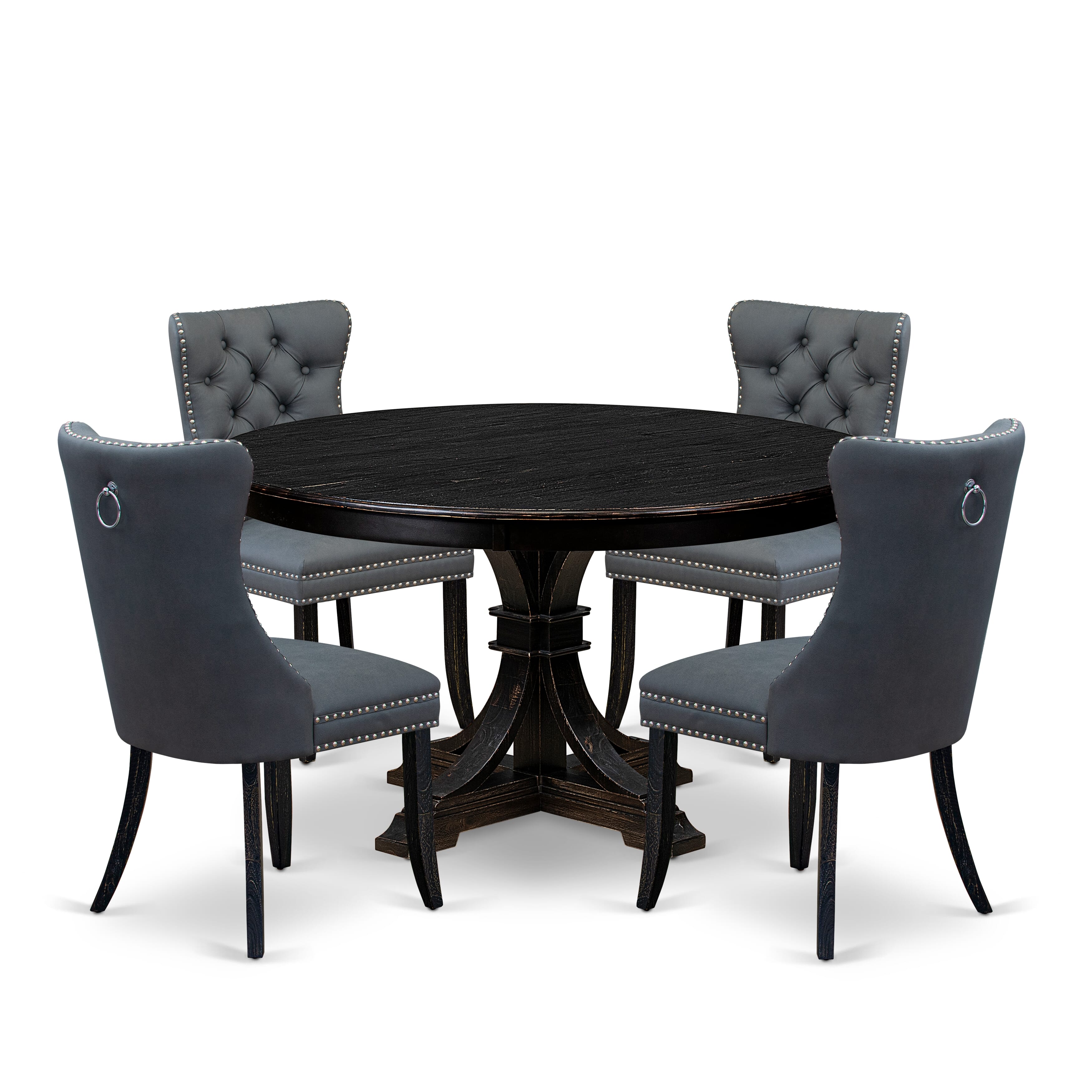 Luxe by East West Furniture F7DA5-511-13 5-Piece Dining Room Set with Faux Leather 4 Platinum Gray modern kitchen chairs, Button-Tufted Backs, and a 54"Round Breakfast Table in Sand Blasted Black Finish.