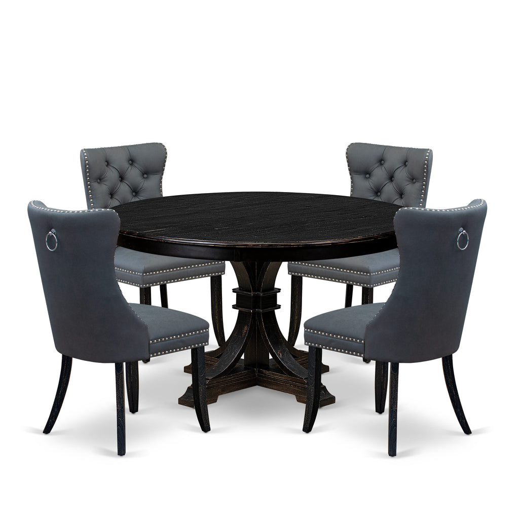 Luxe by East West Furniture F7DA5-511-13 5-Piece Dining Room Set with Faux Leather 4 Platinum Gray modern kitchen chairs, Button-Tufted Backs, and a 54"Round Breakfast Table in Sand Blasted Black Finish.