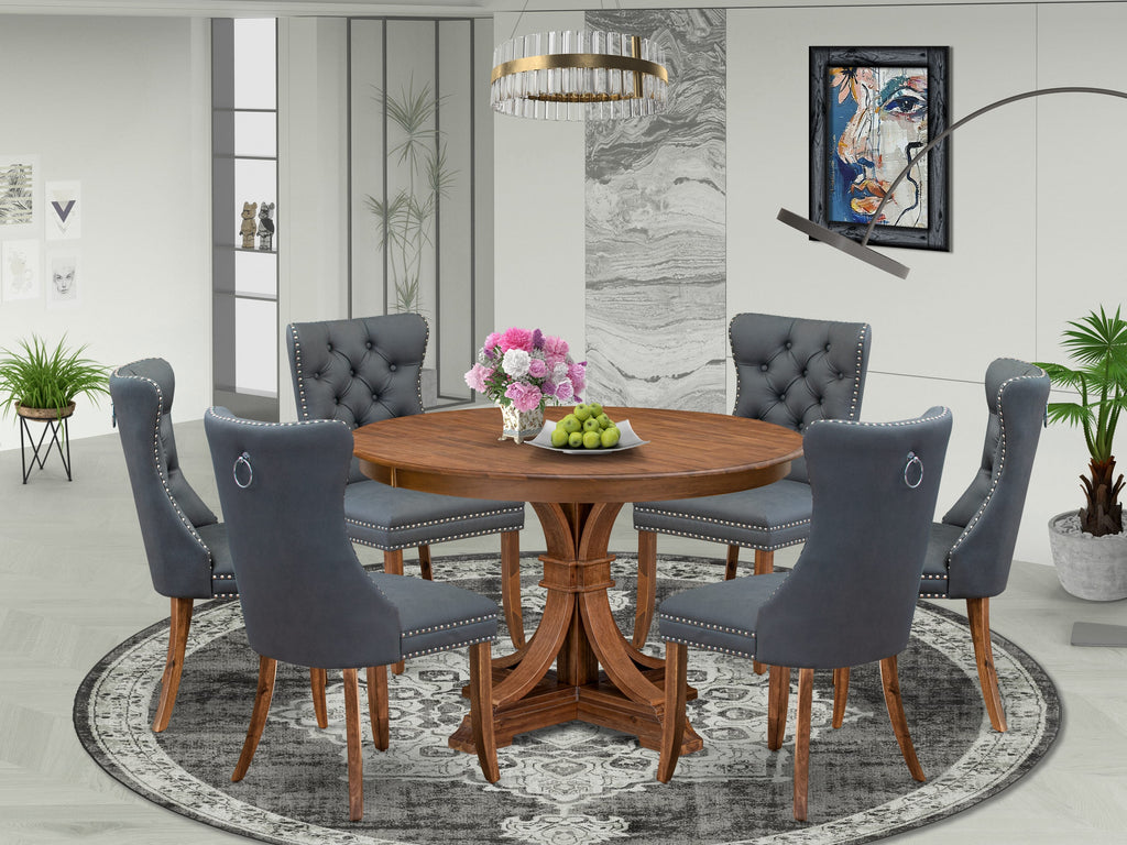 Luxe by East West Furniture F7DA7-40N-13 7-piece Dining table set included a Mid-century Dining Table and 6 Platinum Gray Faux Leather Dining Chairs with Button Tufted Back - Antique Walnut Finish