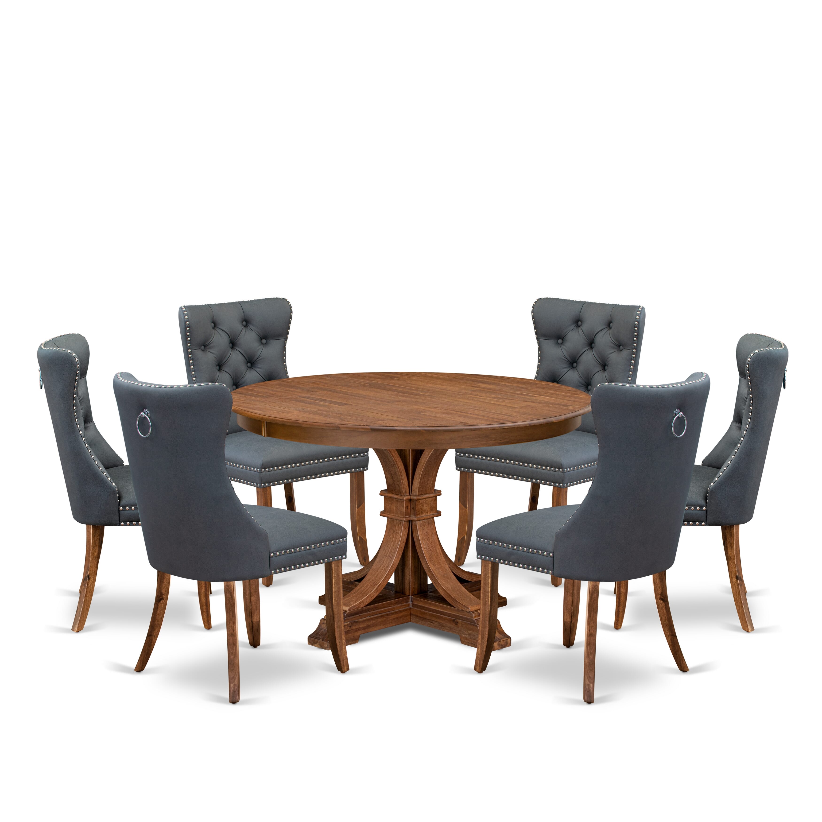 Luxe by East West Furniture F7DA7-40N-13 7-piece Dining table set included a Mid-century Dining Table and 6 Platinum Gray Faux Leather Dining Chairs with Button Tufted Back - Antique Walnut Finish