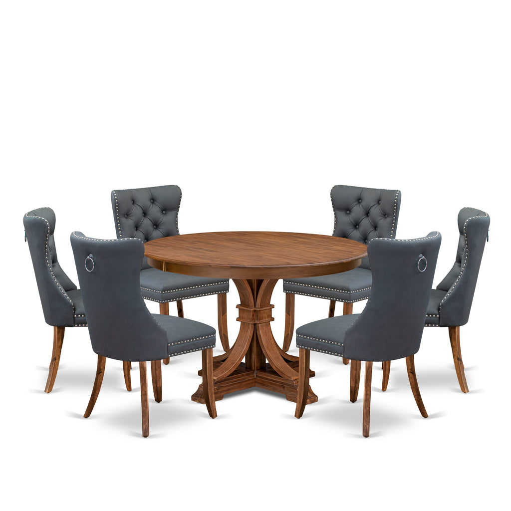 Luxe by East West Furniture F7DA7-40N-13 7-piece Dining table set included a Mid-century Dining Table and 6 Platinum Gray Faux Leather Dining Chairs with Button Tufted Back - Antique Walnut Finish