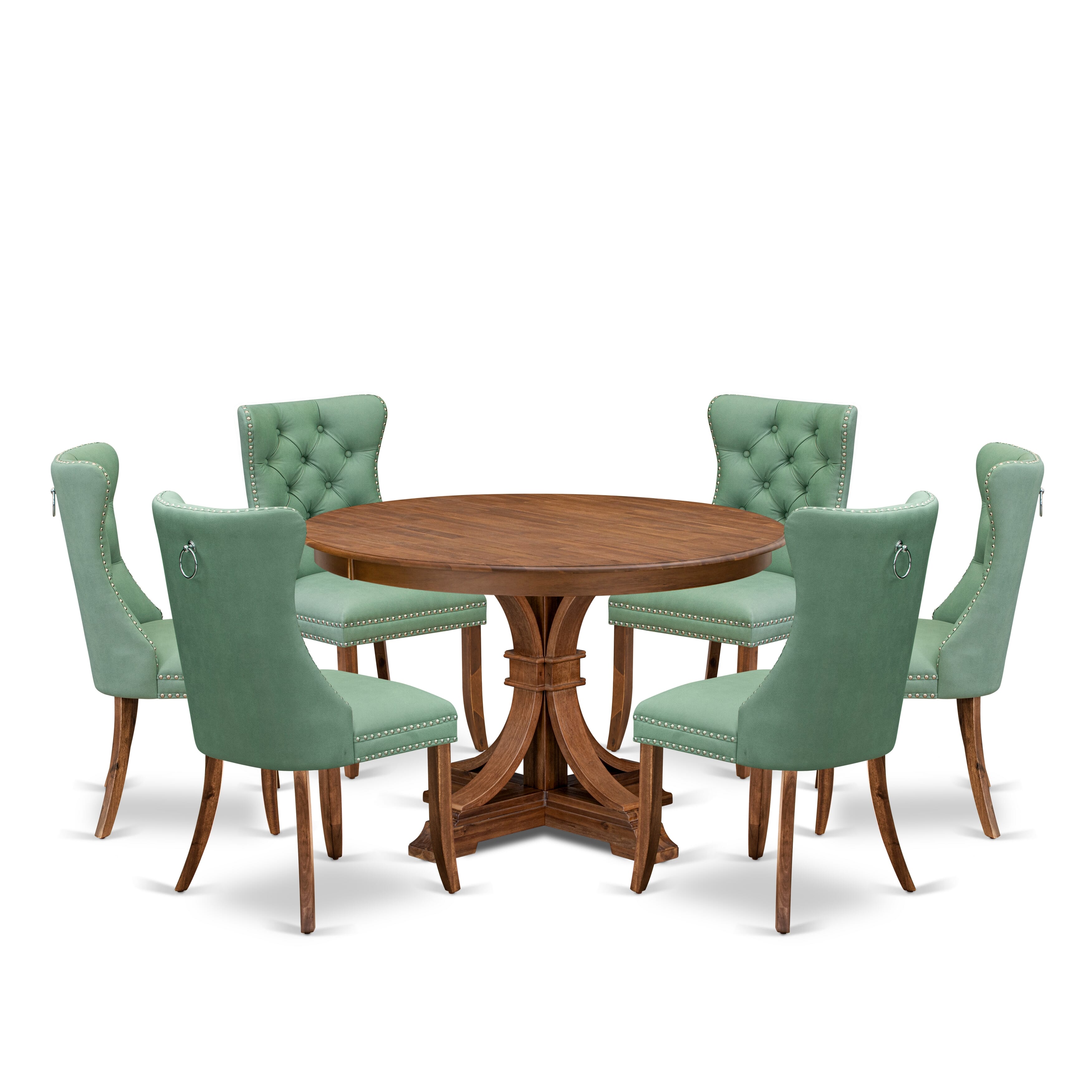 Luxe by East West Furniture F7DA7-40N-22 7-Pc Dinner Set Consist a Mid Century Dining Table and 6 Willow Green Faux Leather Chairs with Button-Tufted Back, Antique Walnut