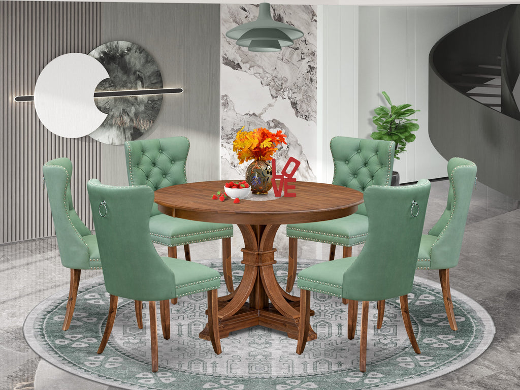 Luxe by East West Furniture F7DA7-40N-22 7-Pc Dinner Set Consist a Mid Century Dining Table and 6 Willow Green Faux Leather Chairs with Button-Tufted Back, Antique Walnut