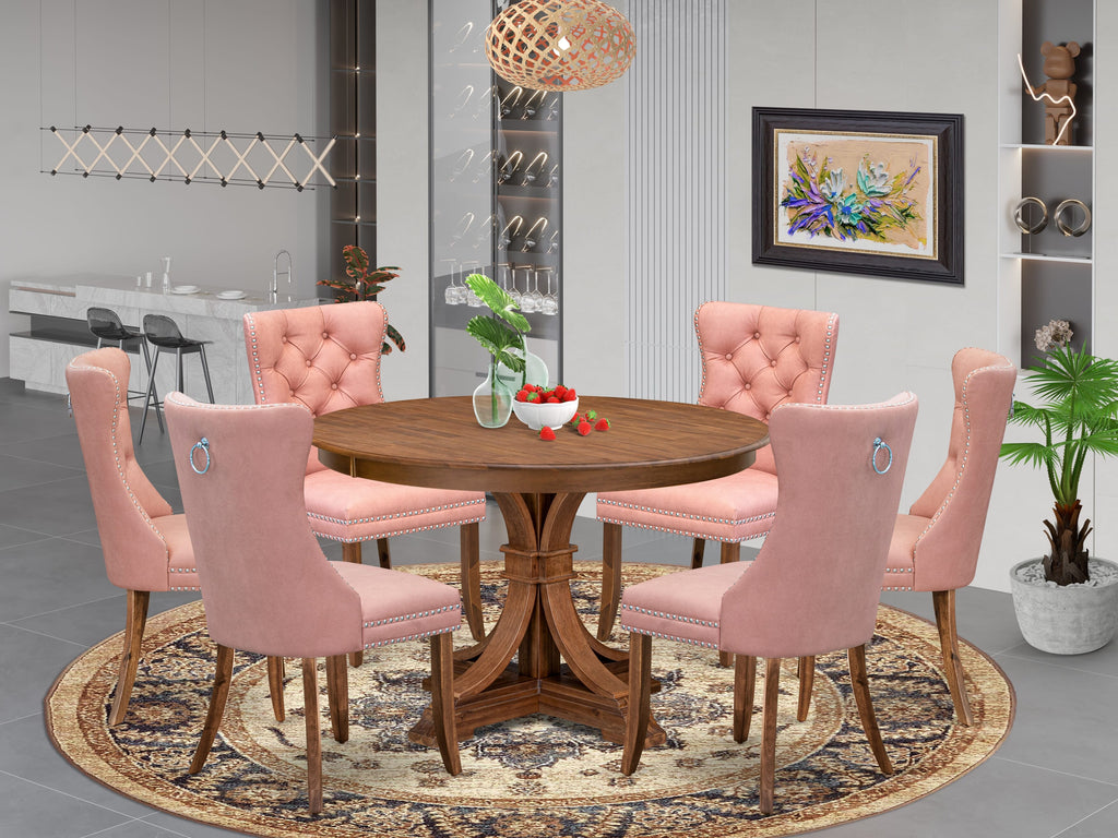 Luxe by East West Furniture F7DA7-40N-23 7-Pc Dining Set Consist a Mid Century Table and 6 Beige Red Faux Leather Upholstered Chairs with Button-Tufted Back, Antique Walnut