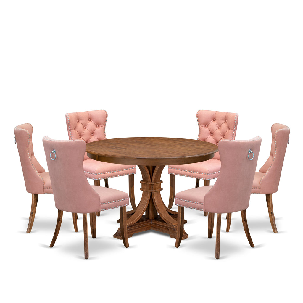 Luxe by East West Furniture F7DA7-40N-23 7-Pc Dining Set Consist a Mid Century Table and 6 Beige Red Faux Leather Upholstered Chairs with Button-Tufted Back, Antique Walnut