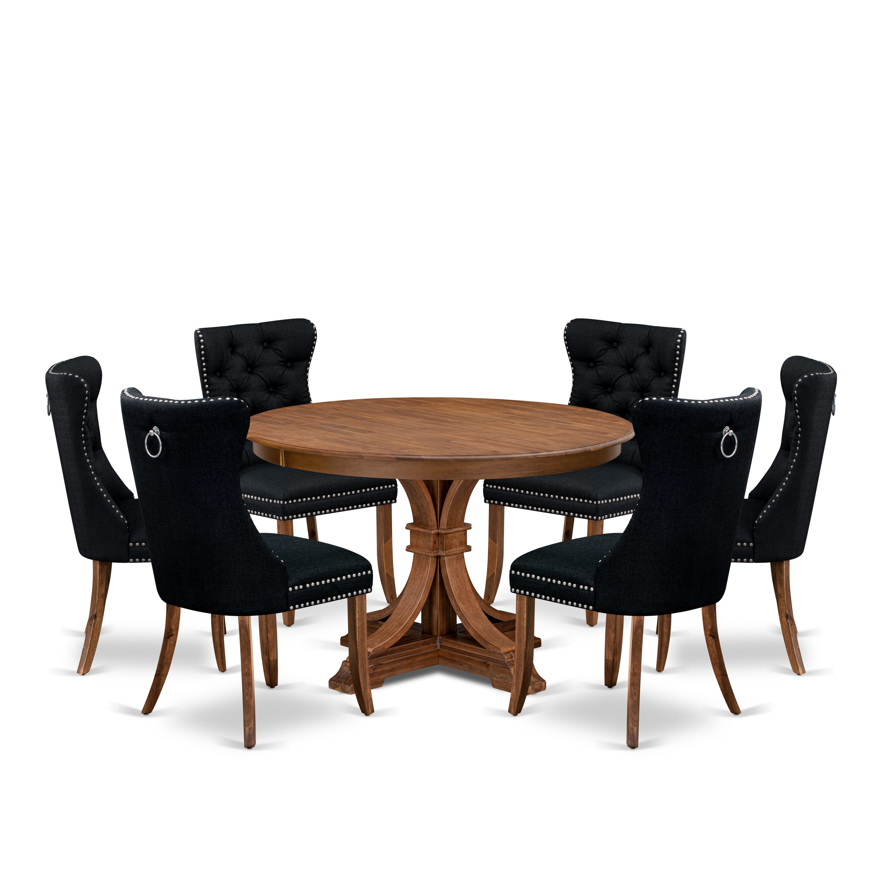 Luxe by East West Furniture F7DA7-40N-24 7-Piece Kitchen Table Set with Linen Fabric 6 Black kitchen chairs, Button-Tufted Backs, and a 48"Round Table in Antique Walnut Finish.