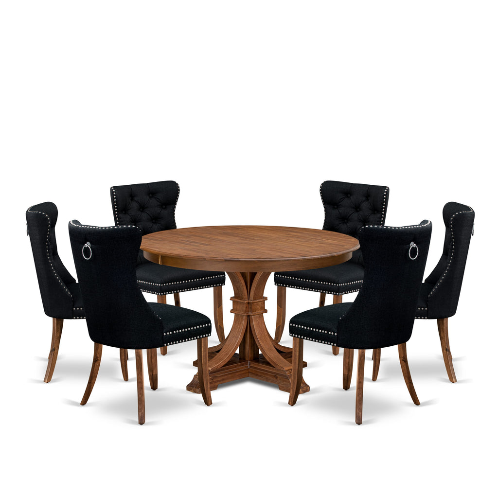 Luxe by East West Furniture F7DA7-40N-24 7-Piece Kitchen Table Set with Linen Fabric 6 Black kitchen chairs, Button-Tufted Backs, and a 48"Round Table in Antique Walnut Finish.