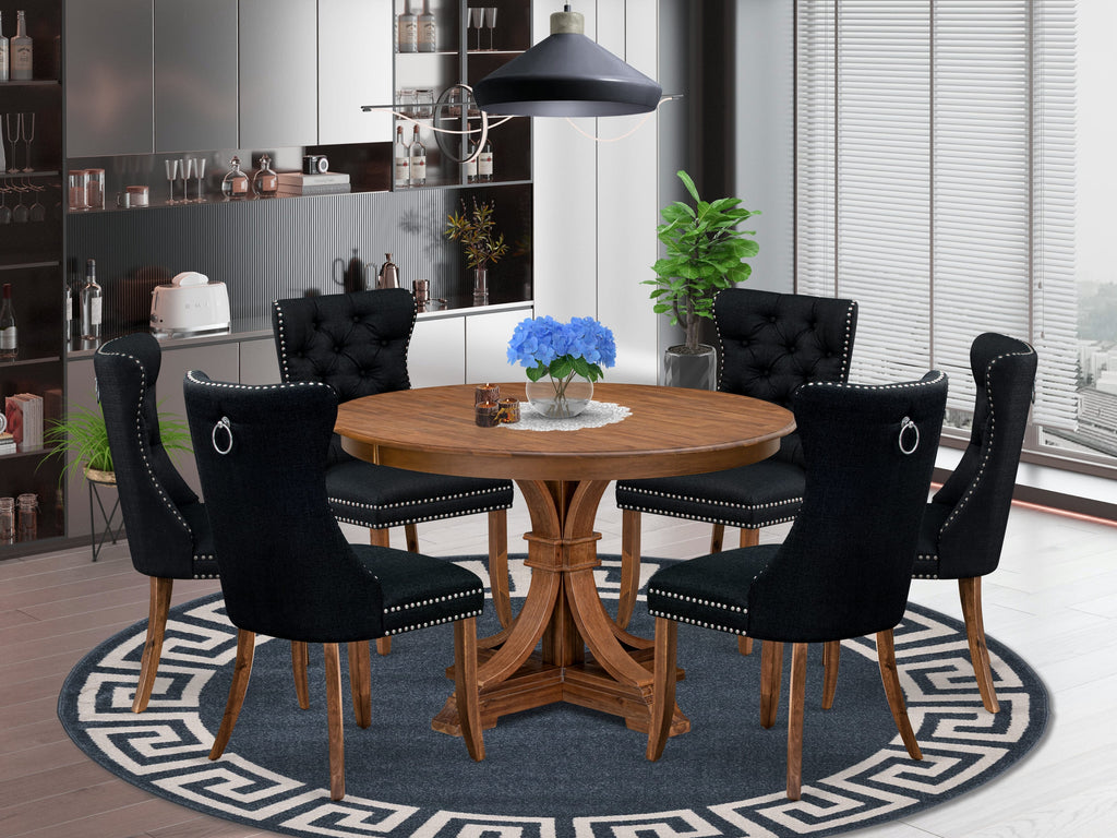 Luxe by East West Furniture F7DA7-40N-24 7-Piece Kitchen Table Set with Linen Fabric 6 Black kitchen chairs, Button-Tufted Backs, and a 48"Round Table in Antique Walnut Finish.
