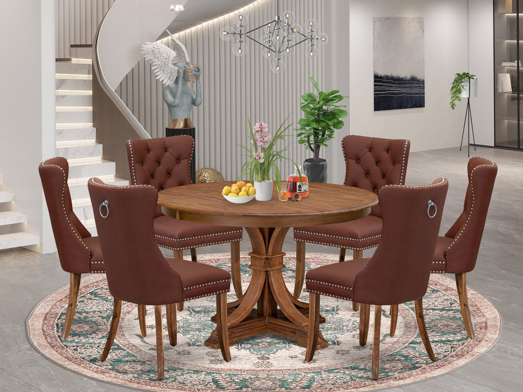 Luxe by East West Furniture F7DA7-40N-26 7-Pc Modern Set Consist a Mid Century Dining Table and 6 Burgundy Faux Leather Parson Chairs with Button-Tufted Back, Antique Walnut