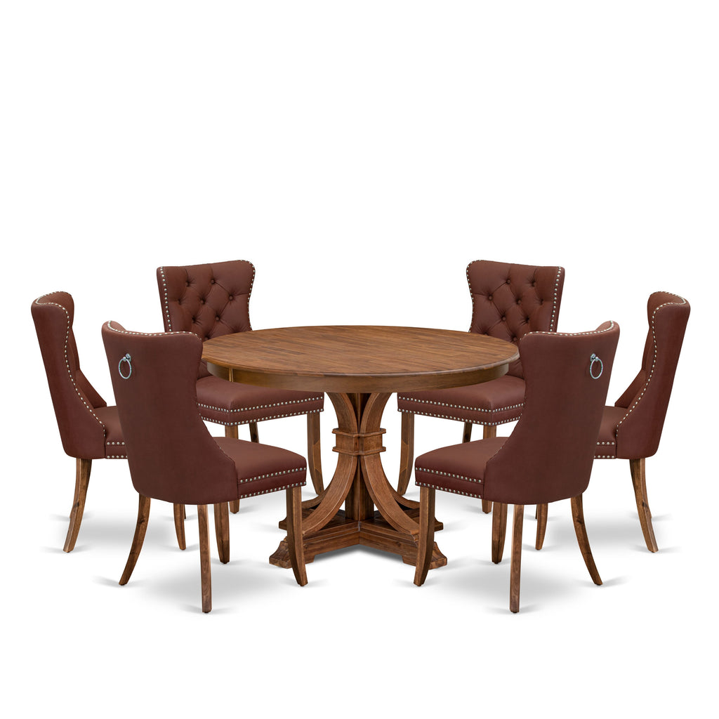 Luxe by East West Furniture F7DA7-40N-26 7-Pc Modern Set Consist a Mid Century Dining Table and 6 Burgundy Faux Leather Parson Chairs with Button-Tufted Back, Antique Walnut