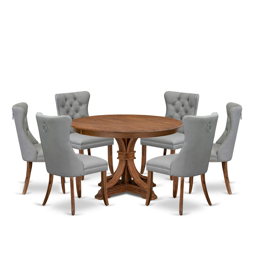Luxe by East West Furniture F7DA7-40N-27 7-Pc Kitchen Table Set Consist a Mid Century Dining Table and 6 Light Gray Faux Leather Chairs with Button-Tufted Back, Antique Walnut